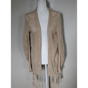 ONeill Cardigan Womens Small Open Knit Fringe Lagenlook Cotton Long Line Sweater